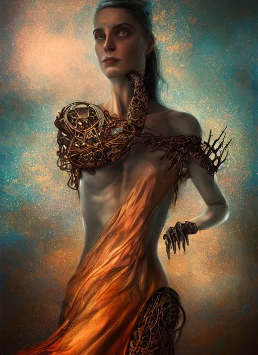 Image similar to epic portrait of menacing and agitated yet stunningly beautiful biomechanical djinn overseeing the iridescent fabric of the universe, by charlie bowater, mandy jurgens, gustav klimt, octane render, dramatic camera angle, 4k, 8k, high detail, HDR, by tom bagshaw, powerful, with inspiration from Beksinski, inspired by greek goddess Athena