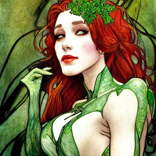 Image similar to a beautiful painting of poison ivy dressed as a lawyer in the big city, dark eyeliner, intricate, elegant, highly detailed, digital painting, artstation, concept art, matte, sharp focus, illustration, art by rebecca guay and by arthur rackham and by alphonse mucha and by john william waterhouse