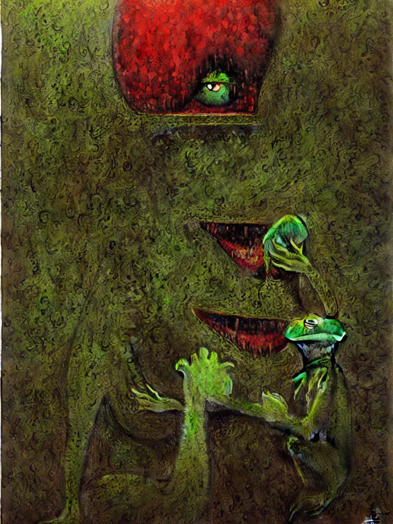 Image similar to bloody Kermit the frog megalophobia by Beksinski, detailed