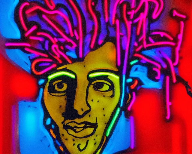 Prompt: renaissance davids head with neon art, hyper detailed