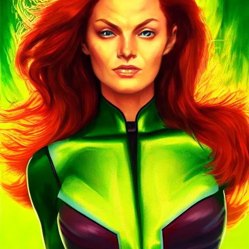 Image similar to jean grey, a half body portrait of jean grey, green eyes, comic, x - men, highly detailed, artstation, symetry, digital painting, vivid colors, realistic shaded perfect face, soft lighting, atmospheric, cinematic, moody, in the style of alex ross, oil on canvas, 8 k