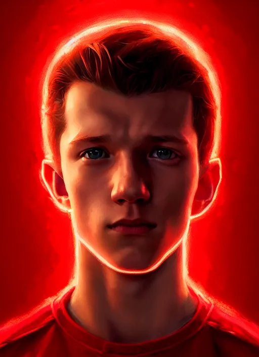 Image similar to portrait of tom holland, hazel eyes, red shirt, intricate, elegant, glowing lights, highly detailed, digital painting, artstation, concept art, smooth, sharp focus, illustration, art by wlop, mars ravelo and greg rutkowski