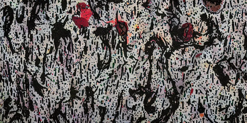 Image similar to camo made of teeth, smiling, abstract, francis bacon artwork, fortnite, cryptic, dots, stipple, lines, splotch, color tearing, pitch bending, faceless people, dark, ominious, eerie, minimal, points, technical, old painting