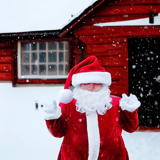 Image similar to a rabbit dressed as santa, stands outside a brown swedish cottage, snowing, in the style of jenny nystrom