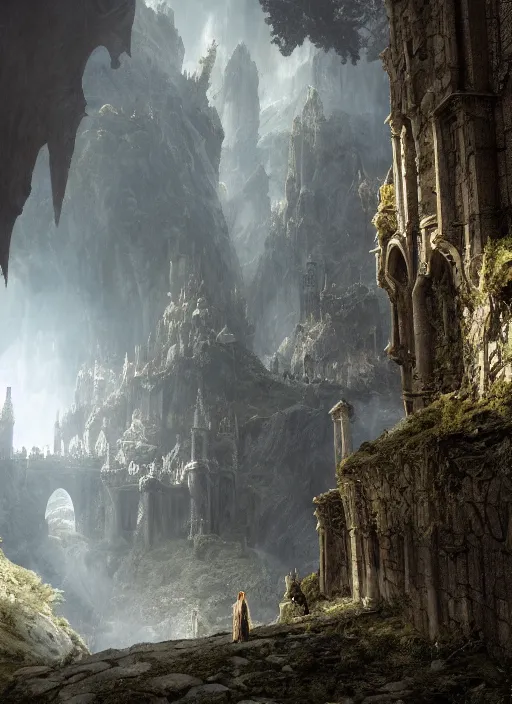 Prompt: a medieval adventurer in lord of the rings scenery landscape, inside an enormous overgrown cathedral made of stone dragons, portal to another dimension in the sky, highly detailed, cinematic lighting, perfect composition, 4 k, gustave dore, derek zabrocki, greg rutkowski, belsinski, octane render