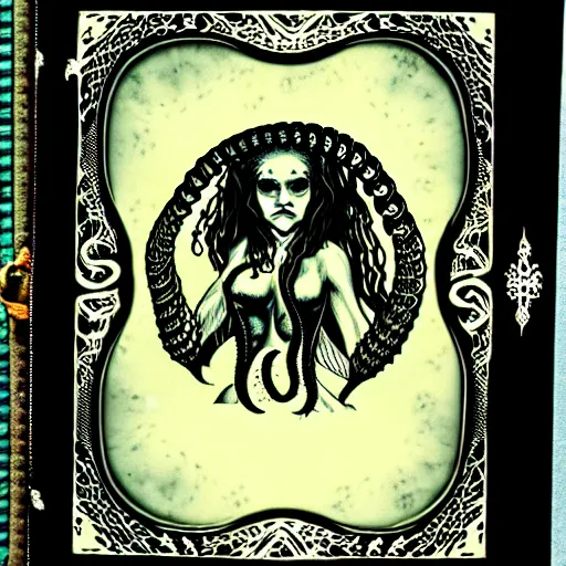 Image similar to daugerreotype of cthulhu high priestess. tangle of tentacles