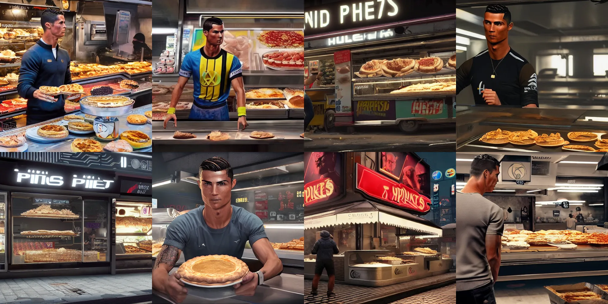 Prompt: cristiano ronaldo sells pies on the market, cyberpunk 2077 unreal engine 5 4k ultra realistic hyperdetailed photorealism HDR