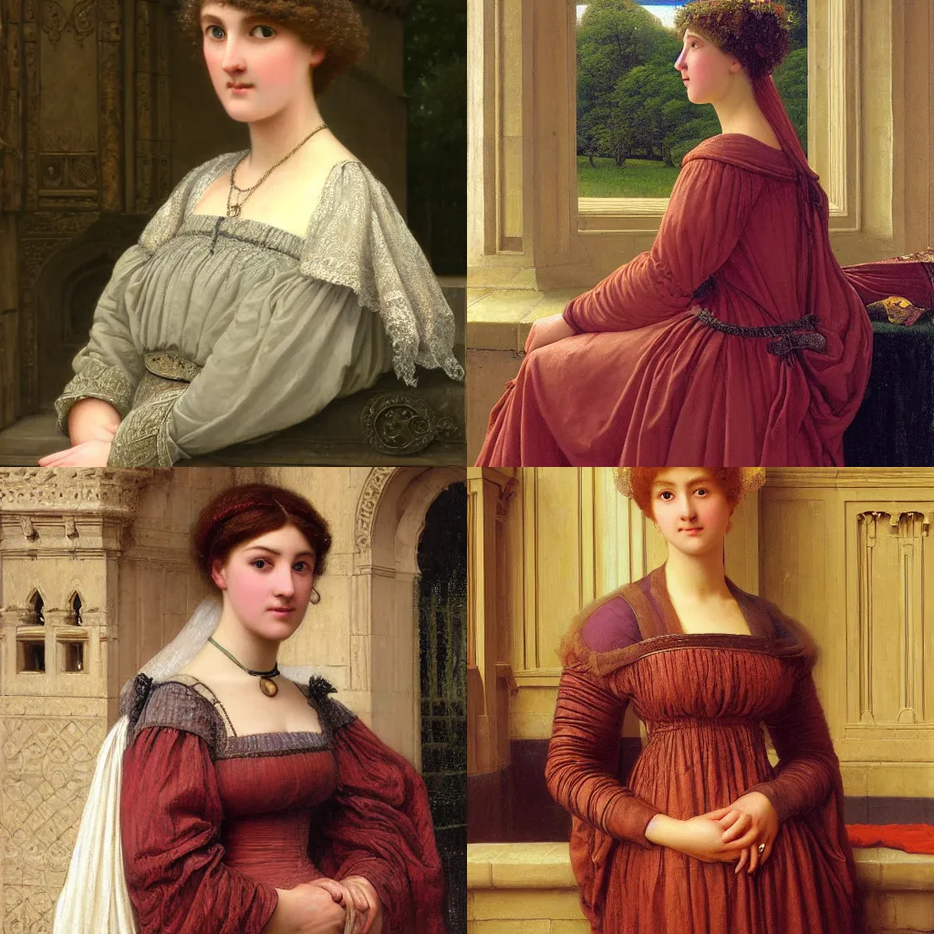 Prompt: portrait painting by Edmund Blair Leighton of a surprised beautiful woman in an old fashioned silken dress touching her face with a surprised expression on her face, detailed face, the interior of a medieval castle in the background, 4k oil on linen by Edmund Blair Leighton, highly detailed, soft lighting 8k resolution