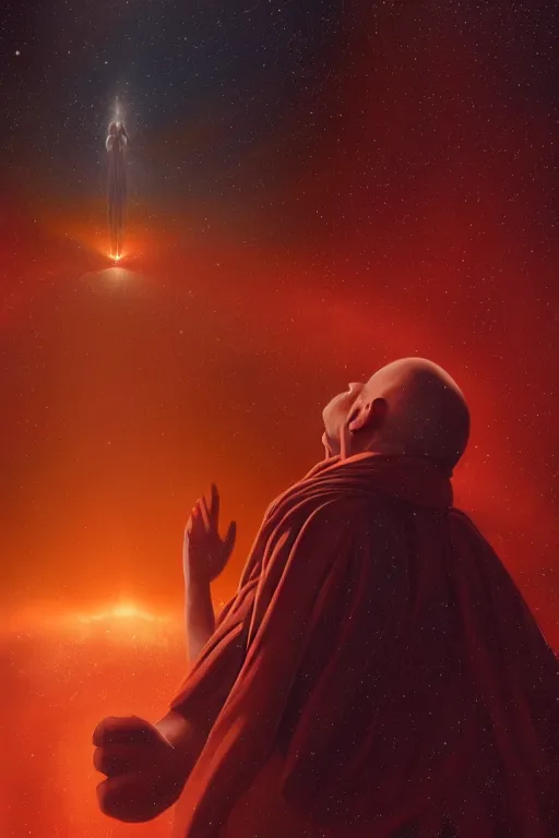 Prompt: portrait of a monk in a spaceship, looking at a nebula, orange robe, dramatic lighting, artstation, matte painting, ralph mcquarrie