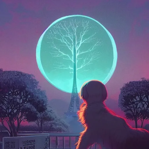 Image similar to glowing looming hovering Paris cylinder tabby cat muffin sherry hickory tree , by Ilya Kuvshinov and Moebius and J.M.W. Turner , #micro , synthwave , masterpiece