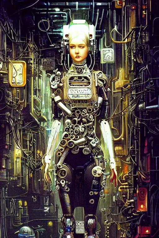 Prompt: a highly detailed retro futuristic female android with gears and other mechanical parts made out of pasta standing in a dank alleyway from blade runner, a robot made out of pasta, beautiful highly symmetric face, painting by Peter Andrew Jones and Greg Hildebrandt