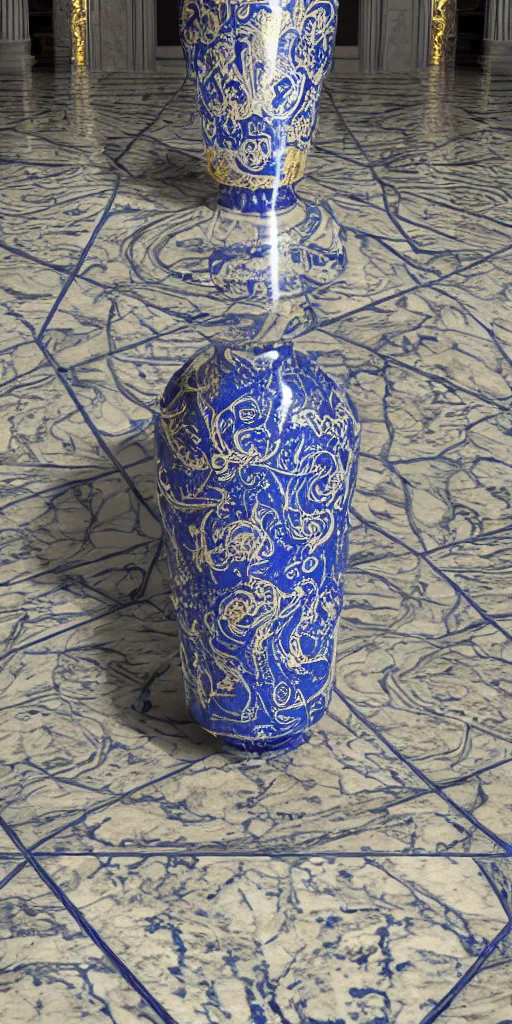 Image similar to an ornate baroque vase breaking on the marble tile floor, exploding into dust, dark - blue light - blue gold silver white black beige, volumetric dust rays, intricate detail, ultra realistic, cinematic lighting, moody, wet, shiny