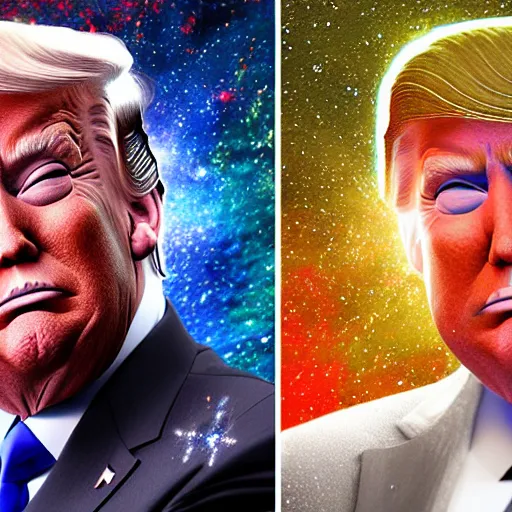 Prompt: donald trump portrait made out of galaxies, beautiful, cyborg, cinematic comic book art, realistic, highly detailed, octane render