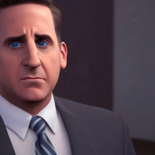 Prompt: still photo of michael scott, highly detailed, photorealistic portrait, bright studio setting, narrow depth - of - field, studio lighting, crisp quality and light reflections, unreal engine 5 quality render
