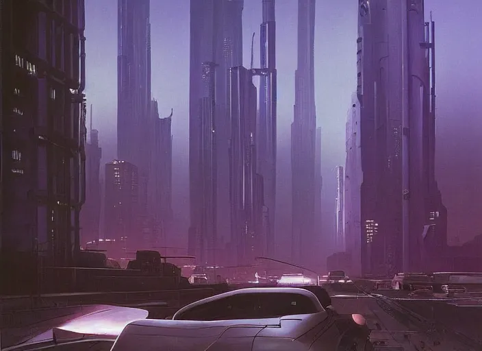 Image similar to a car driving down a street next to tall buildings the night at noon, cyberpunk art by Chesley Bonestell, cgsociety, retrofuturism, matte painting, reimagined by industrial light and magic