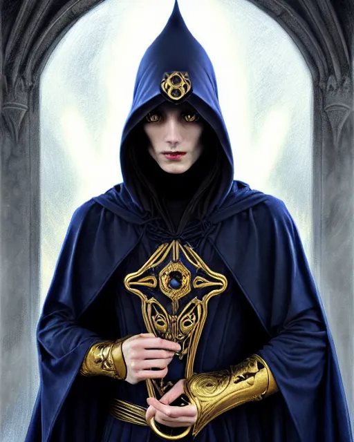 Prompt: male wizard at the end of time, long black hair blue eyes wearing cloth mantle gothic navy cloak with gold details, wizard town, fantasy character portrait, ultra realistic, intricate, elegant, cinematic lighting, highly detailed, digital painting, artstation, smooth, sharp, focus, illustration, art by artgerm and greg rutkowski and alphonse mucha