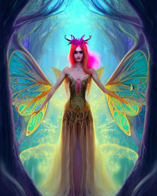 Image similar to portrait, stunningly beautiful female faerie priestess in amanita muscaria forest landscape, symmetrical wings on back, neon hair, wearing a dress of gossamer gold, inner glow, illustration, dramatic lighting, soft details, painting, art nouveau, octane render, 8 k, hd, by brom, faces by otto schmidt