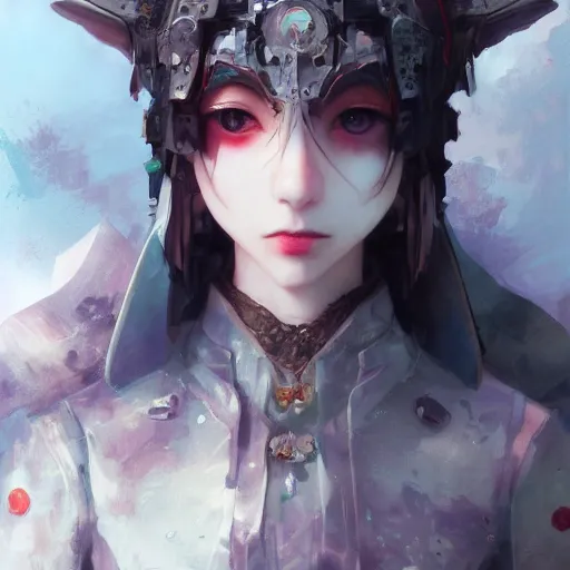 Prompt: matte painting, by yoshitaka amano, by ruan jia, by conrad roset, by good smile company, detailed anime 3d render of a 27yo female jester android, portrait, cgsociety, artstation, quirky mechanical costume and grand headpiece, surreal mystical atmosphere