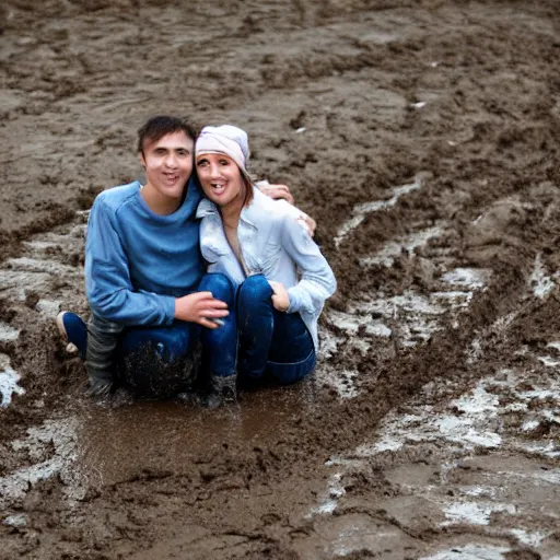 Image similar to a young couple rolling in the mud