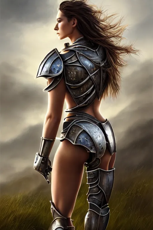 Image similar to a photorealistic painting of an attractive young girl, partially clothed in metal-plated battle armor, standing in front of a distant landscape, olive skin, fair complexion, long dark hair, flawless skin, beautiful bone structure, perfectly symmetric facial features, perfect photorealistic eyes, natural physique, intricate, elegant, digital painting, concept art, finely detailed, beautifully illustrated, sharp focus, minimal artifacts, volumetric lighting, from Metal Gear, by Ruan Jia and Mandy Jurgens and Artgerm and William-Adolphe Bouguerea, in the style of Greg Rutkowski, trending on Artstation, award winning art