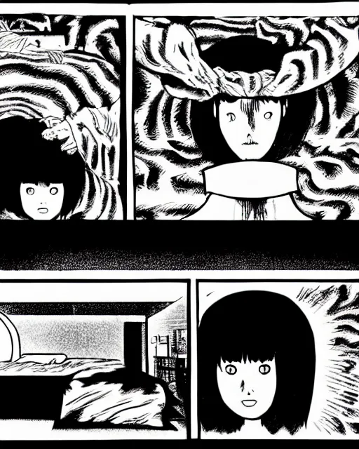 Image similar to three panels of junji ito's 'there's a large black shadowy cat under my bed!', full width, zoomed out, room shot, first person