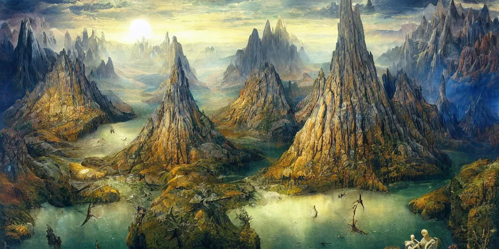 Prompt: beautiful Veduta painting gothic painting of a beatiful scenic mountain range surrounded by bright Ultramarine diamonds, by Esao Andrews and Peter Gric and Hieronymus Bosch and De Es Schwertzberger