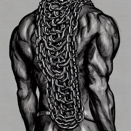 Image similar to A PORTRAIT FROM BEHIND OF A MAN ,THE THE MAN IS WRAPPED IN CHAINS ,detailed, concept art, ink style , sketch