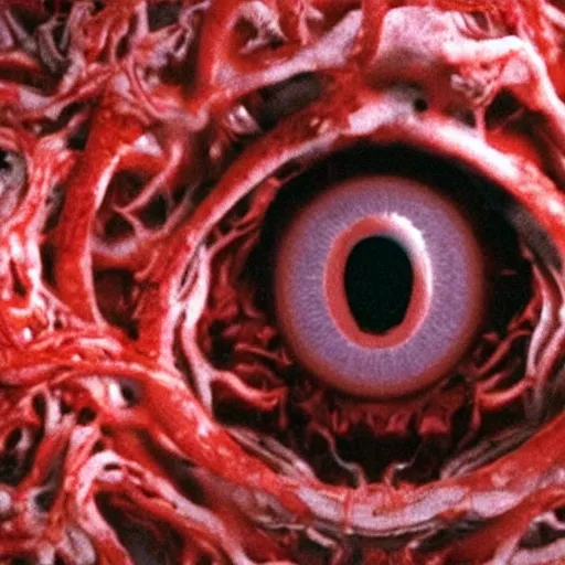 Prompt: movie still of a fleshy organic wet bloody organic flesh mass, tendrils, with an eye bulb in the center, scary