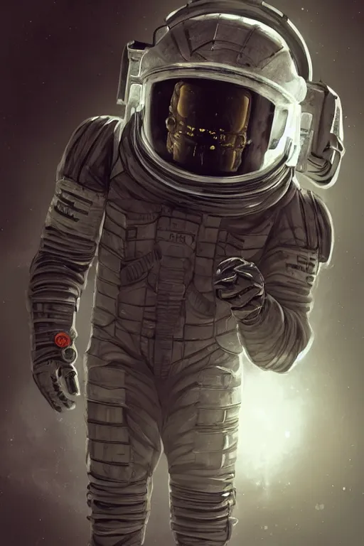 Prompt: Dead Space themed Astronaut stepping out of an airlock, Industrial Scifi, detailed illustration, concept art, by Martin Grip