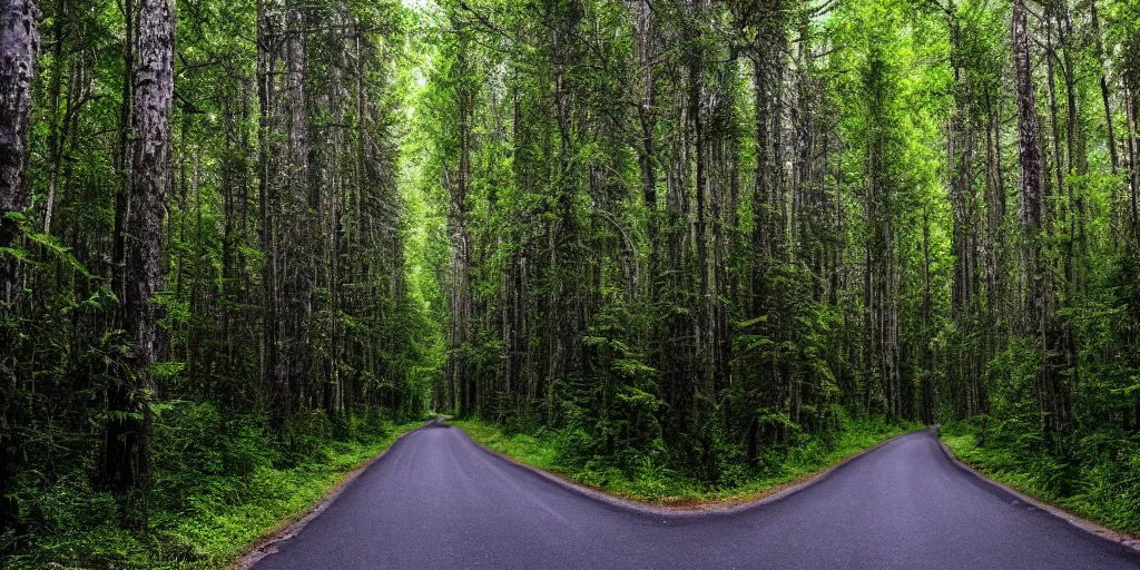 Image similar to road between tall trees, dense forest, dark night, no light