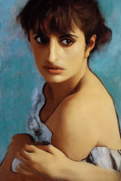 Image similar to oil painting, portrait of penelope cruz, artwork by edgar degas