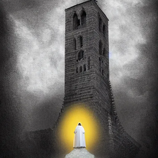 Prompt: Digital portrait of a terrified catholic priest in his thirties kneeled in fervent prayer at the top of a medieval tower. Looking up with eyes wide open with fear looking straight at the viewer. Dressed in white. An ominous yellow shadow is descending upon him from the night sky. Award-winning digital art, trending on ArtStation