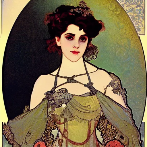 Image similar to young victorian woman in ball gown, painted by alphonse mucha