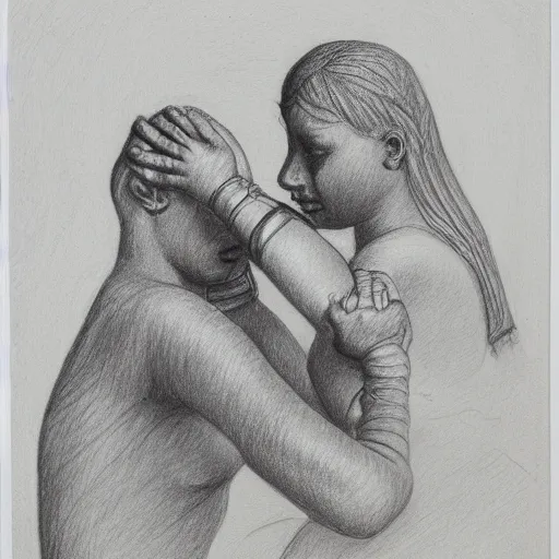 Prompt: mummy puts his hand on the head of a warrior, pencil drawing, engraving, simple drawing, few details