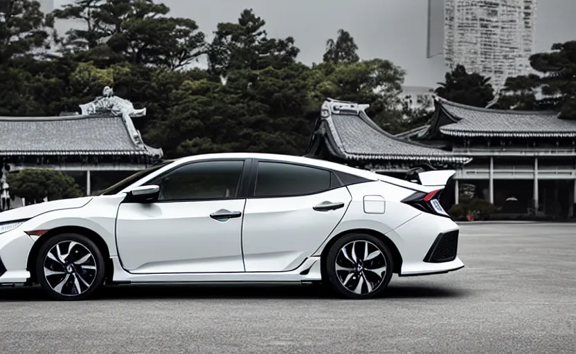 Image similar to honda civic, japanese religious temple, summer festival night, futuristic prototype car, without black rims, designed by polestar, elegant, intricate details, matte white paint, hard surfaces modelling, dramatic, ray tracing, realistic enviroment reflections, ultra realistic rendering, sharp focus