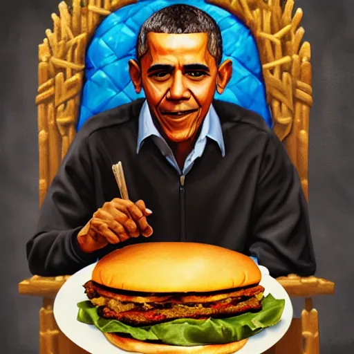 Image similar to intricate oil painting of barrack obama eating a cheese burger sitting on the iron throne, surrounded by his dragons, concept art, intricate, highly detailed, omnious atmosphere, trending on artstation