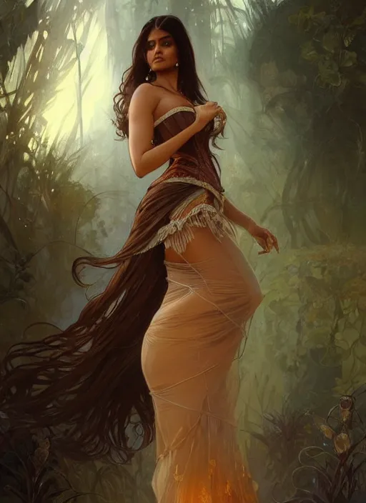 Image similar to cute brown woman wearing a translucent corset dress, fantasy, intricate, highly detailed, digital painting, artstation, concept art, wallpaper, smooth, sharp focus, illustration, art by artgerm and greg rutkowski and alphonse mucha