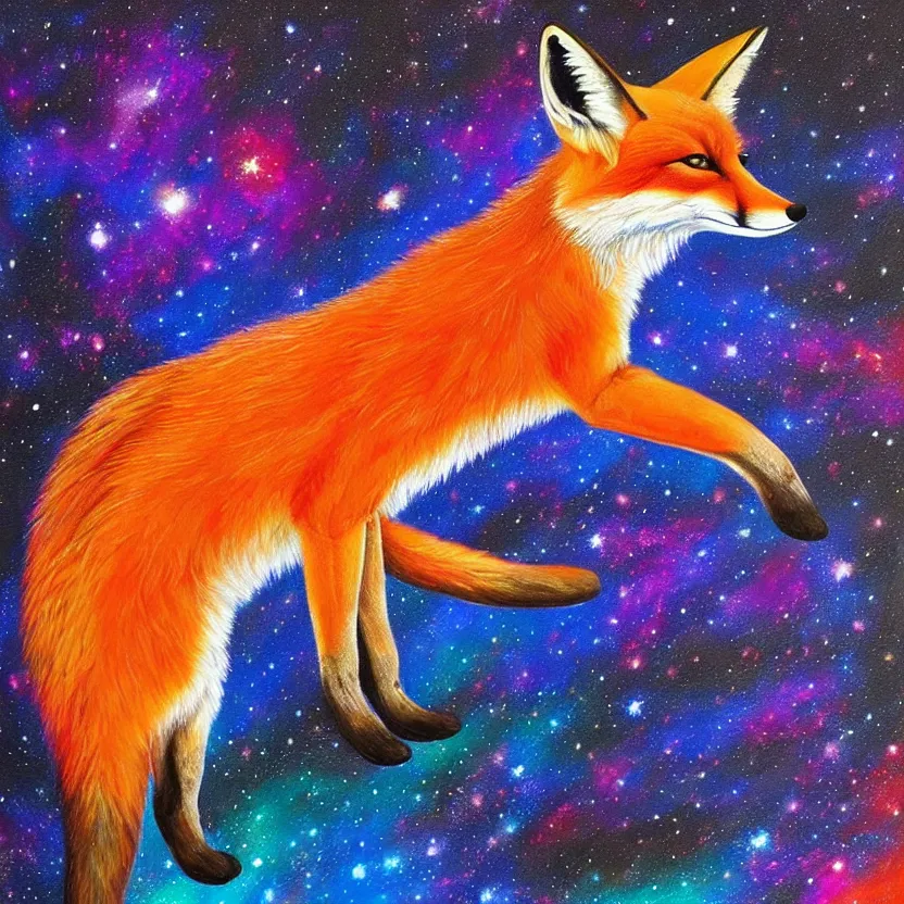 Image similar to a painting of a fox looking up at the colourful galaxy in the style of Starry Night, highly detailed, trending on artstation