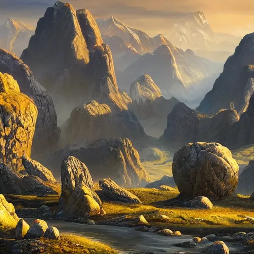 Prompt: The stone landscape with mountains in the background, Sci-Fi fantasy wallpaper, painted, 4k, high detail, sharp focus