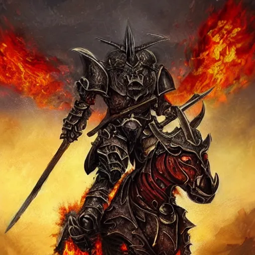 Prompt: a chaos knight in a burning village riding on an armored horese, artstation hall of fame gallery, editors choice, #1 digital painting of all time, most beautiful image ever created, emotionally evocative, greatest art ever made, lifetime achievement magnum opus masterpiece, the most amazing breathtaking image with the deepest message ever painted, a thing of beauty beyond imagination or words