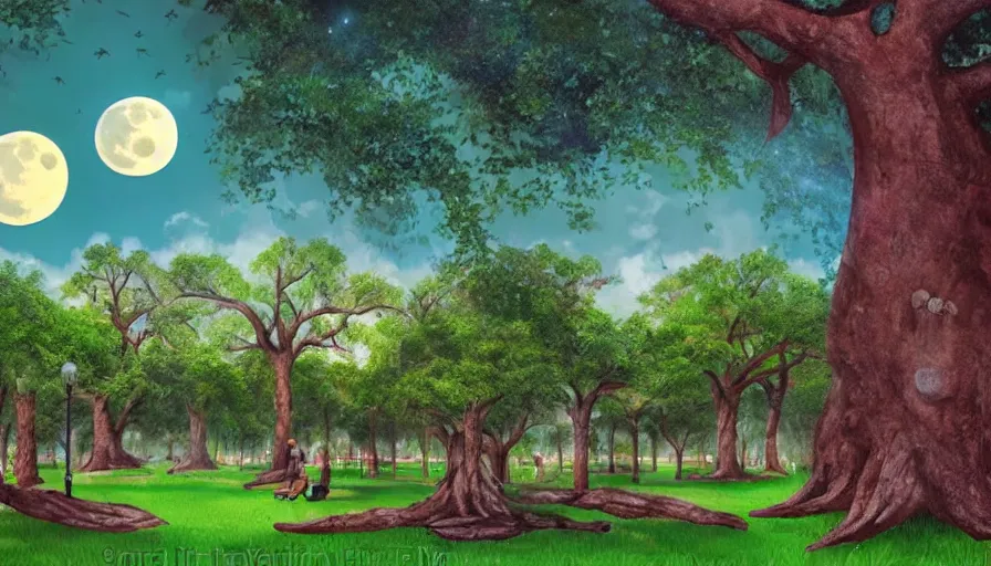Prompt: a city park in Merida Yucatan Mexico with Ceiba trees and a full moon. fantasy illustration