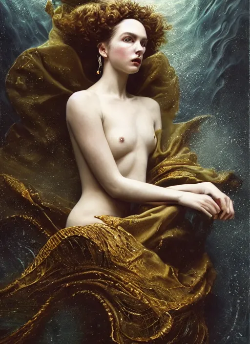 Image similar to highly detailed oil painting | very intricate | cinematic lighting | award - winning | elegant fabric, flowing underwater fashion by alexander mcqueen | by roberto ferri, by tom bagshaw, by j. c. leyendecker and klimt, american romanticism, by austin osman spare, artstation, cgsociety, official art, octane