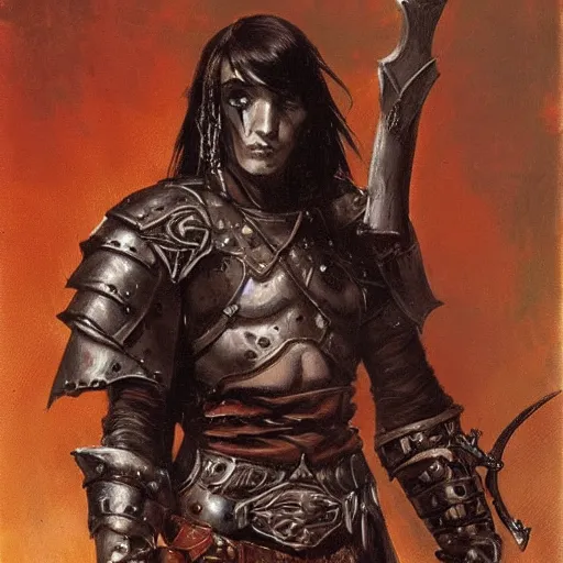 Image similar to portrait of a waifish goth wearing armor and holding sword by frank fazetta, fantasy, barbarian