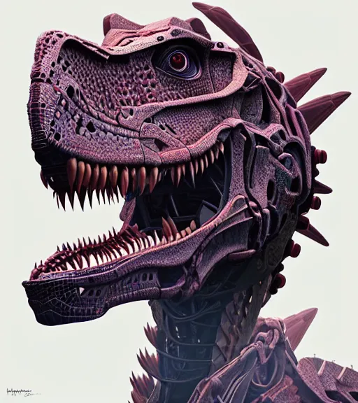 Image similar to symmetry!! portrait of a hybrid robot dinosaur, floral! horizon zero dawn machine, intricate, elegant, highly detailed, ray tracing, digital painting, artstation, concept art, smooth, sharp focus, illustration, art by artgerm and greg rutkowski and alphonse mucha, 8 k