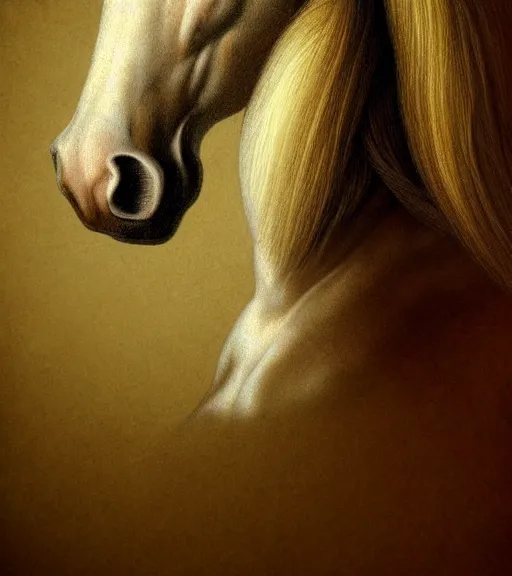 Prompt: portrait of a horse sitting upon a table with heightened detail, poised, intense emotion, detailed facial expression, detailed surroundings, intricate, elegant, highly detailed, centered, digital painting, artstation, concept art, smooth, sharp focus, illustration, by ( leonardo da vinci ), wlop