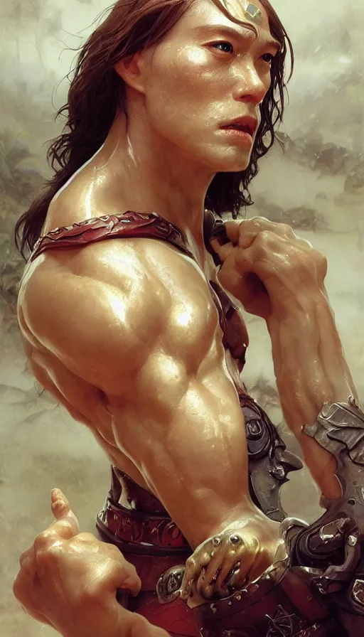 Image similar to epic masterpiece prince goro, sweaty skin, hyperrealistic, octane render, cinematic, beautiful face and flawless skin, perfect hands, 5 fingers, by Edgar Maxence and Ross Tran and Michael Whelan, Legends of Runeterra