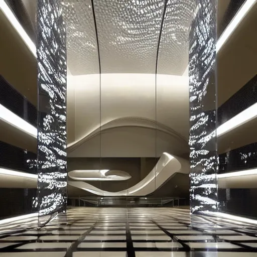 Image similar to extremely elegant detailed stunning beautiful futuristic museum vertical lobby interior by Zaha Hadid