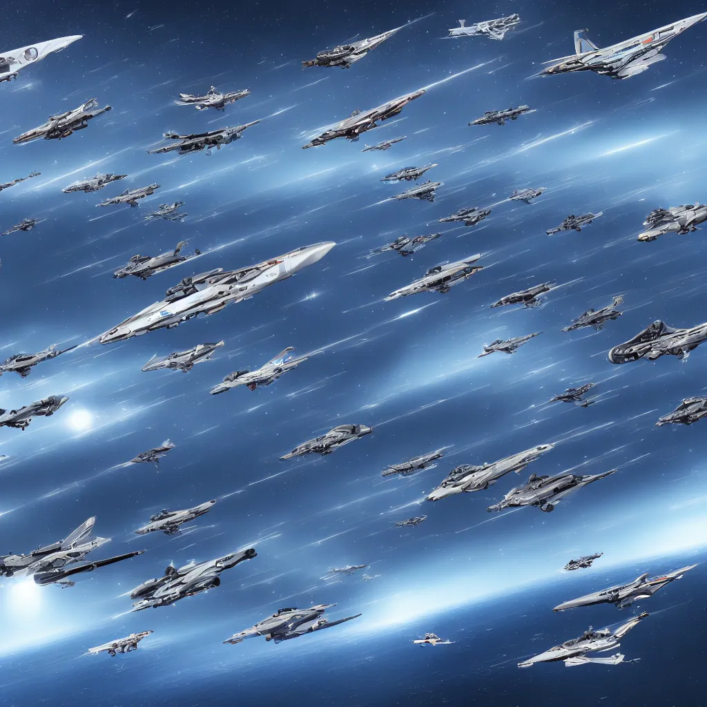 Image similar to fleet of fighter spacecrafts, hyper realistic, 4 k