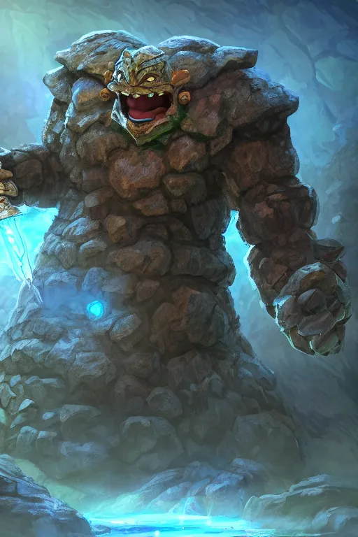 Image similar to zelda fantasy art giant golem troll wood rock greeble gemstone, global illumination ray tracing hdr fanart arstation by sung choi and eric pfeiffer and gabriel garza and casper konefal