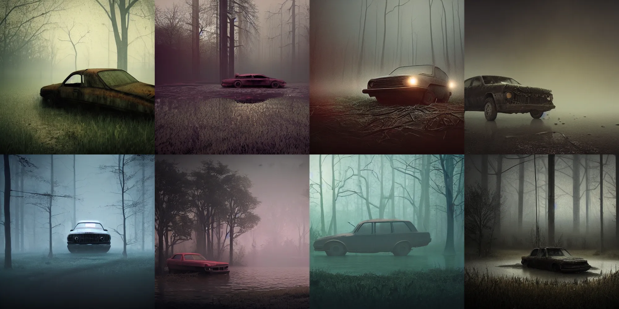 Prompt: beautiful dark creepy foggy swamp landscape, old abandoned car sinking, in the style of beeple and Mike Winkelmann, intricate, epic lighting, cinematic composition, hyper realistic, 8k resolution,